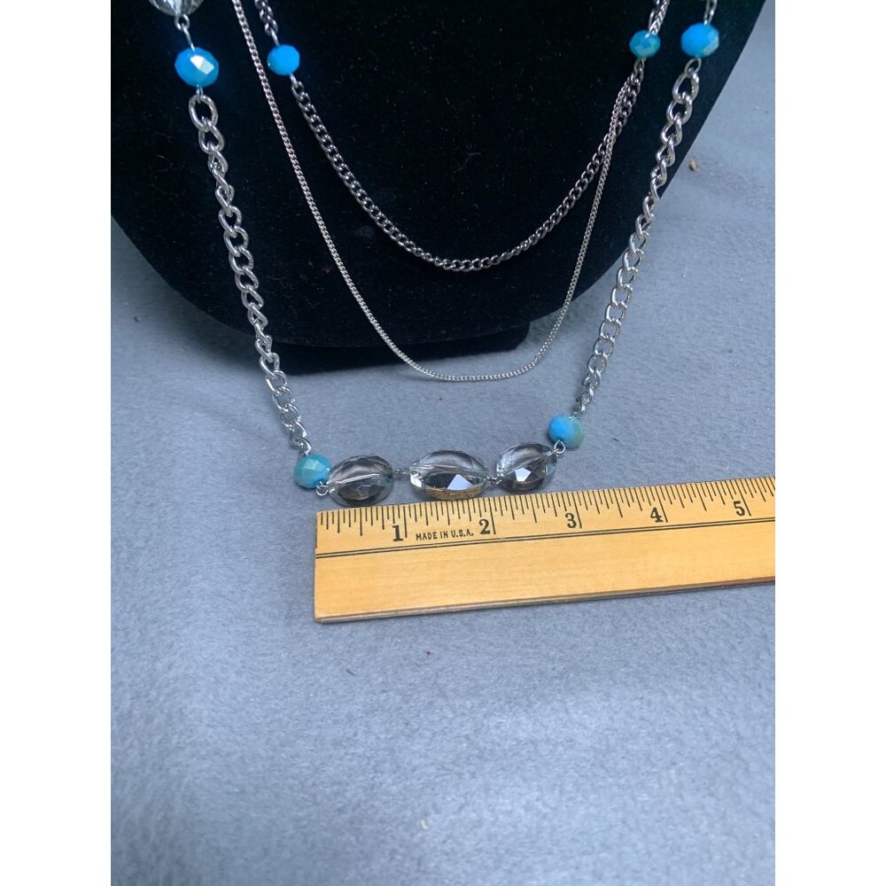 Layered Silver Tone Chain Necklace with Blue & Clear Beads Jewelry 42” - Picture 6 of 7